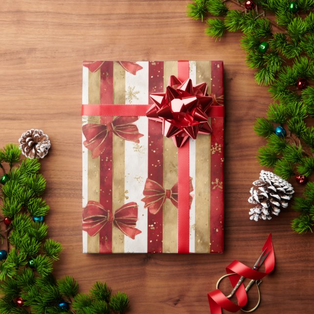 Red Gold Christmas Bows  Wrapping Paper (Holiday Gift)