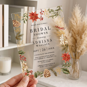 Red Gold Christmas Floral Bridal Shower Acrylic Invitations
