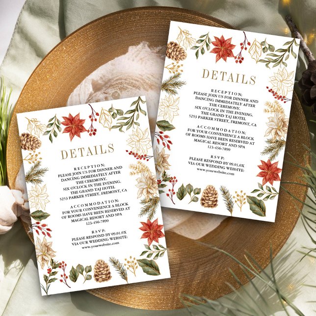 Red Gold Christmas Floral Wedding Details Enclosure Card (Creator Uploaded)