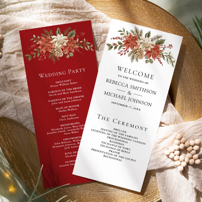 Red Gold Christmas Floral Wedding Program (Creator Uploaded)