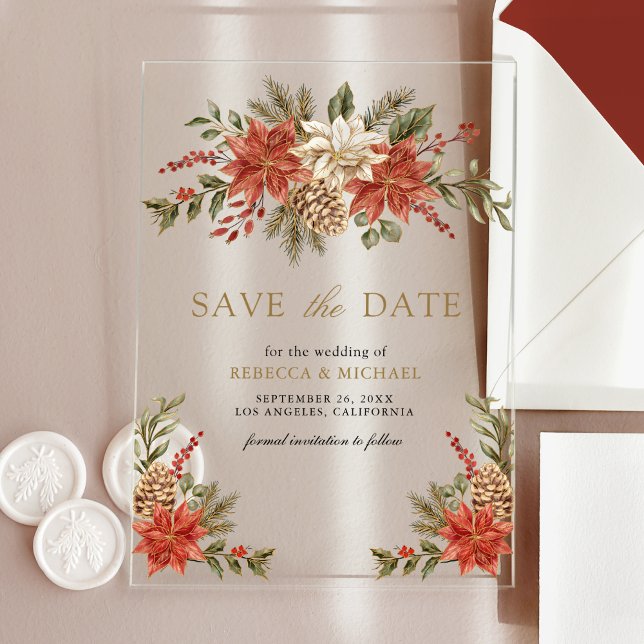Red Gold Christmas Floral Wedding Save the Date Acrylic Invitations (Creator Uploaded)