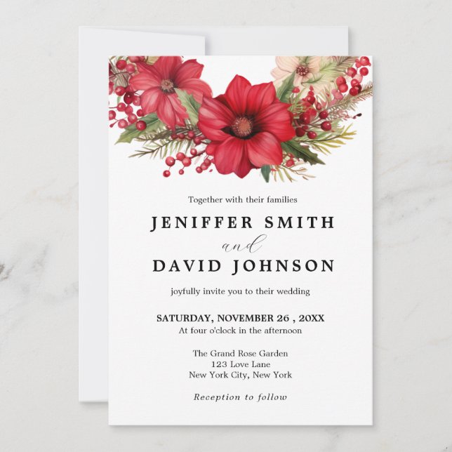 Red Gold Christmas Floral White Wedding Invitation (Front)