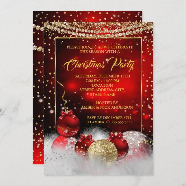 Red Gold Christmas Holiday Party Snow Invitation (Front/Back)