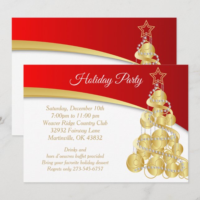 Red Gold Christmas Holiday Tree Invitation (Front/Back)