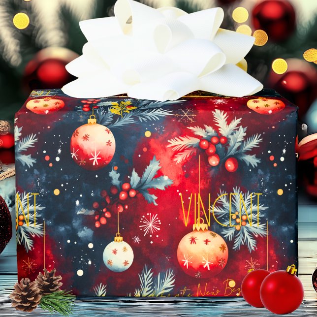 Red Gold Christmas Ornaments on Deep Blue Pattern Wrapping Paper (Creator Uploaded)