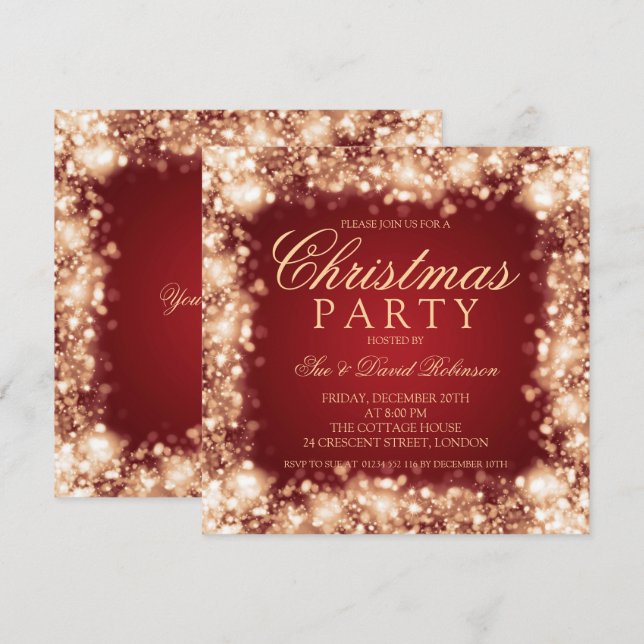 Red Gold Christmas Party Sparkling Lights Invitation (Front/Back)