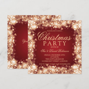 Red Gold Christmas Party Sparkling Lights Invitation