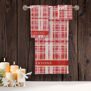 Red Gold Christmas Plaid Pattern#2 ID1009 Bath Towel Set