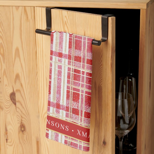 Red Gold Christmas Plaid Pattern#2 ID1009 Kitchen Towel (Thirds Fold)