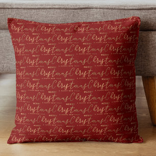 Red Gold Christmas Script Throw Pillow