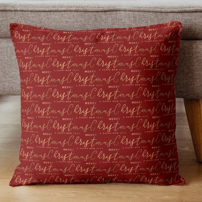 Red Gold Christmas Script  Throw Pillow (Creator Uploaded)
