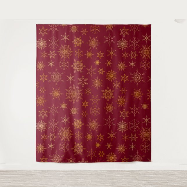 Red Gold Christmas Snowflake Selfie Photo Backdrop Tapestry (Front)