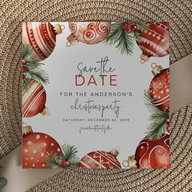 Red & Gold Christmas Tree Ornaments Party Save The Date (Creator Uploaded)