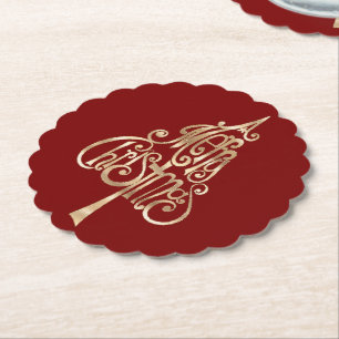 Red Gold Christmas Tree Paper Coaster