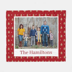 Red Gold Christmas Tree Pattern Family Photo Fleece Blanket