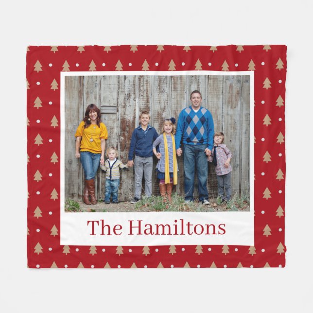 Red Gold Christmas Tree Pattern Family Photo Fleece Blanket (Front (Horizontal))