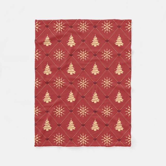 Red Gold Christmas Tree Snowflake Diamond Pattern Fleece Blanket (Front)