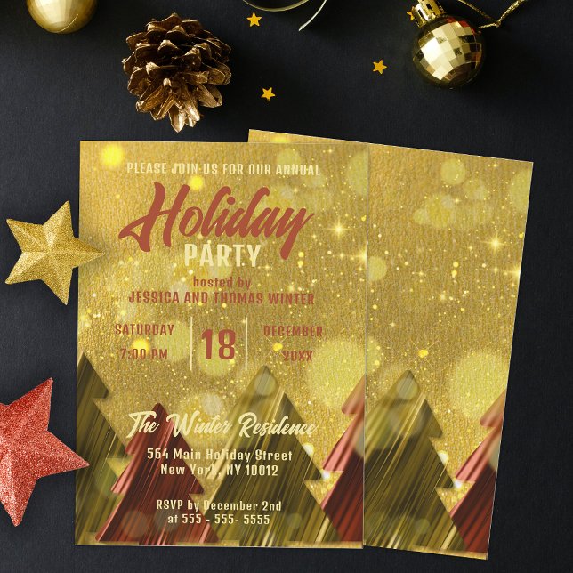 Red Gold Christmas Trees Fête Invitation (Créateur téléchargé)