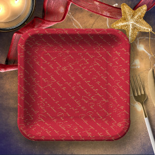 Red Gold Christmas Typography Pattern#36 ID1009 Paper Plate