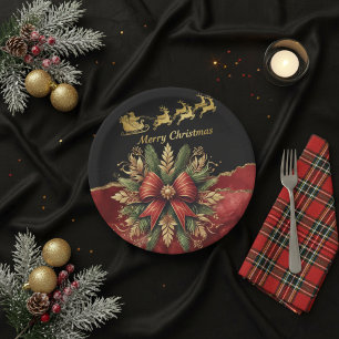 Red Gold Christmas Wreath Santa Sleigh Paper Plate