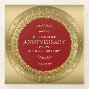 Red & Gold Circle Frame 50th Wedding Design Glass Coaster