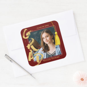 Red Gold Class of 2026 Photo Graduation Tassel Square Sticker