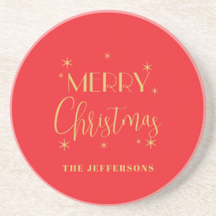 Red & Gold Colors Merry Christmas Family Name Coaster