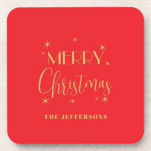 Red & Gold Colors Merry Christmas Family Name Coaster