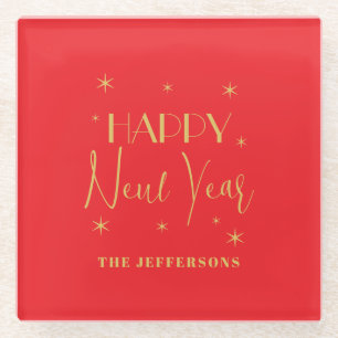 Red & Gold Colors Merry Christmas Family Name Glass Coaster