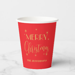 Red & Gold Colors Merry Christmas Family Name Paper Cups