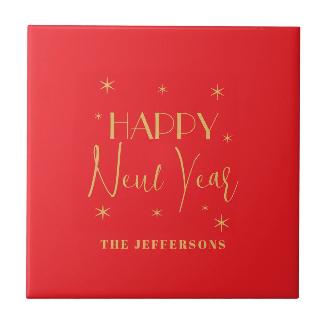 Red & Gold Colors Merry Christmas Family Name Tile (Front)