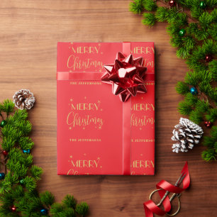 Red & Gold Colors Merry Christmas Family Name Wrapping Paper