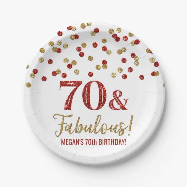 Red Gold Confetti 70 and Fabulous Birthday Paper Plate (Front)