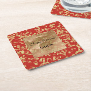 Red Gold Confetti Abstract Birthday Square Paper Coaster