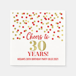 Red Gold Confetti Cheers to 30 Years Birthday Napkin