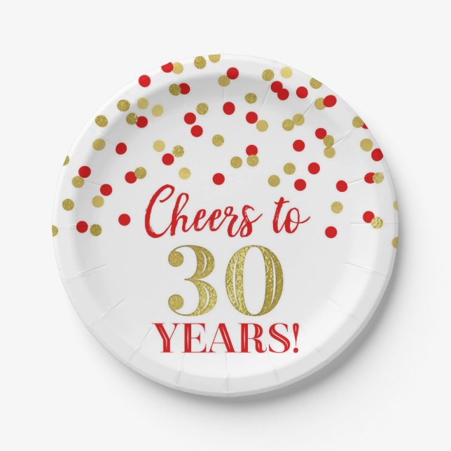 Red Gold Confetti Cheers to 30 Years Birthday Paper Plate (Front)