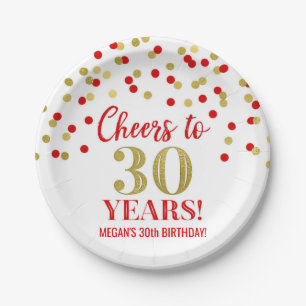 Red Gold Confetti Cheers to 30 Years Birthday Paper Plate