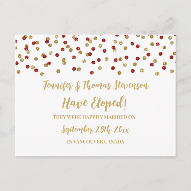 Red Gold Confetti Elopement Announcement (Front)