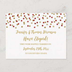 Red Gold Confetti Elopement Announcement Postcard