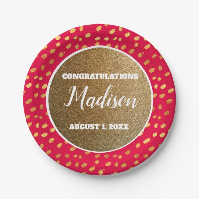 Red Gold Confetti Graduation College Trunk Party Paper Plate (Front)