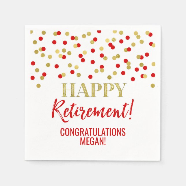 Red Gold Confetti Happy Retirement Napkin (Front)