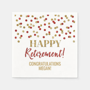Red Gold Confetti Happy Retirement Napkin