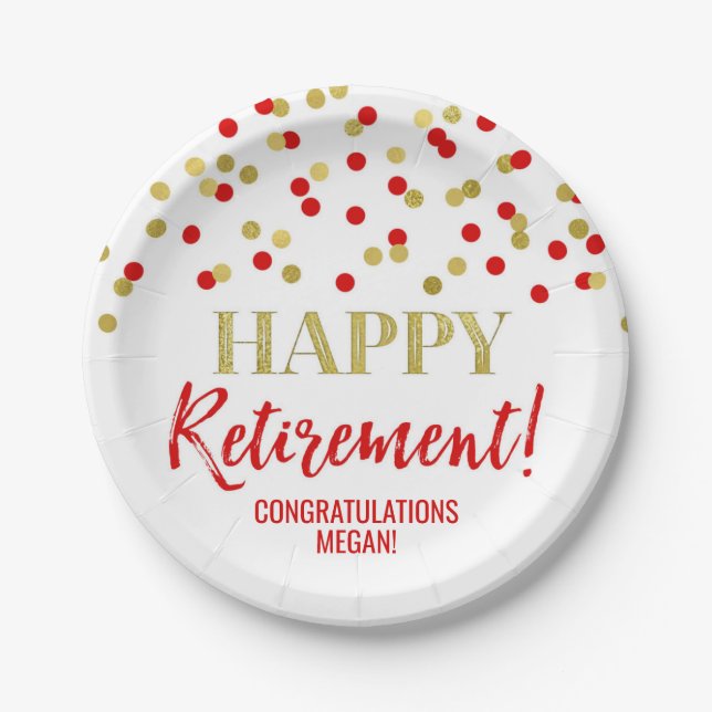 Red Gold Confetti Happy Retirement Paper Plate (Front)