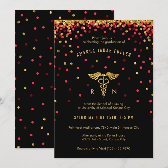 Red & Gold Confetti Nursing Graduation Invitation (Front/Back)