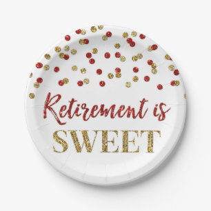 Red Gold Confetti Retirement is Sweet Paper Plate