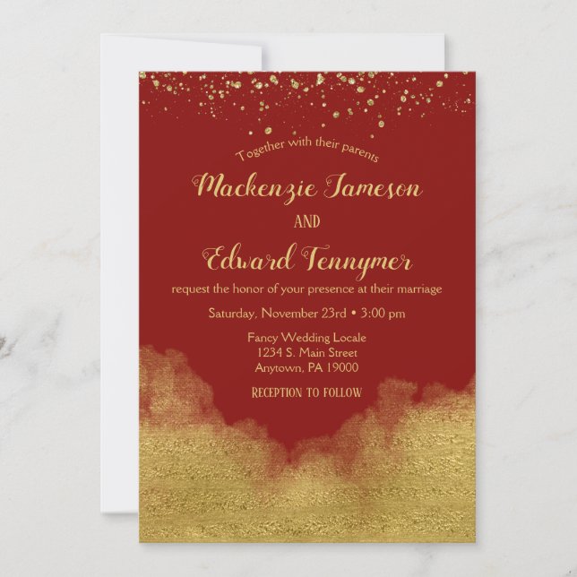 Red Gold Confetti Wedding Invitation Elegant (Front)