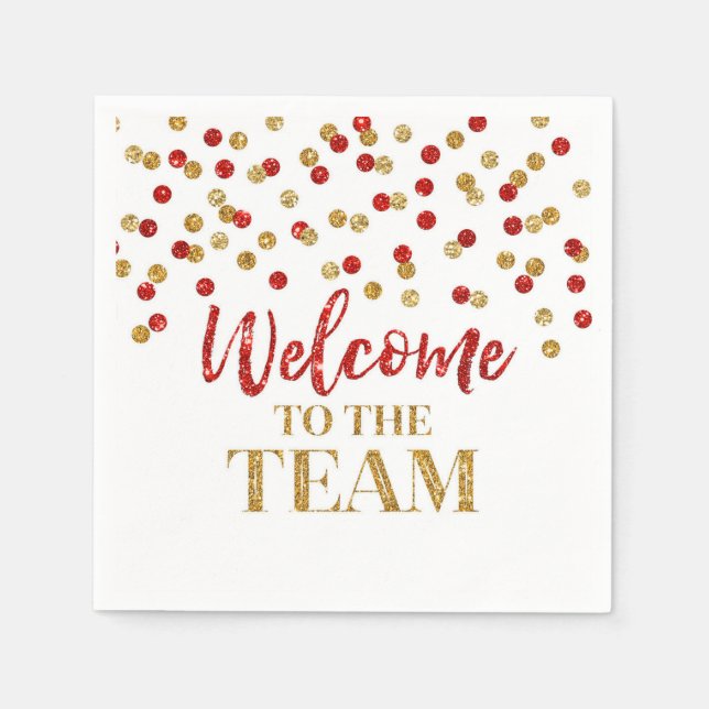 Red Gold Confetti Welcome to the Team Napkins (Front)