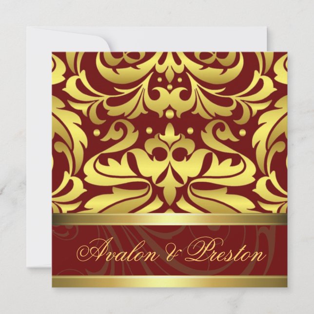 Red & Gold Damask Baroque Wedding Invitation (Front)