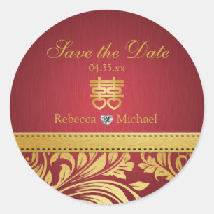Red & Gold Damask, Chinese Double Happiness Classic Round Sticker