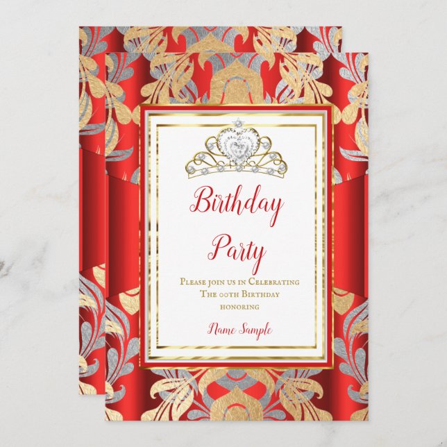 RED Gold Damask Grey Tiara Birthday Party Invitation (Front/Back)